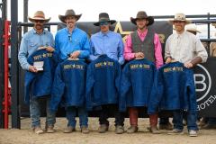 Pollockville, Alberta - July26:Bronc Star Tour Finals
2024 Bronc Star Tour Top 5: Left to Right: Season Winner Steve Hockstein, 2nd Place Tyler Ritchie (Turner Valley, AB), 3rd Toby Waldner (Cardston, AB), Finals Champ+ Season 4th Andrew Hofer (Westlock, AB), and 5th Wolter van der Kamp (Longview, AB).
Photo credit: Logan Armstrong | crowbaitcreative.com